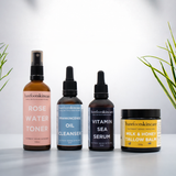 Barefoot Skincare Routine Bundle -  Frankincense Oil Cleanser - Vitamin Sea Serum - Milk & Honey Tallow Balm - Rose Water Toner
